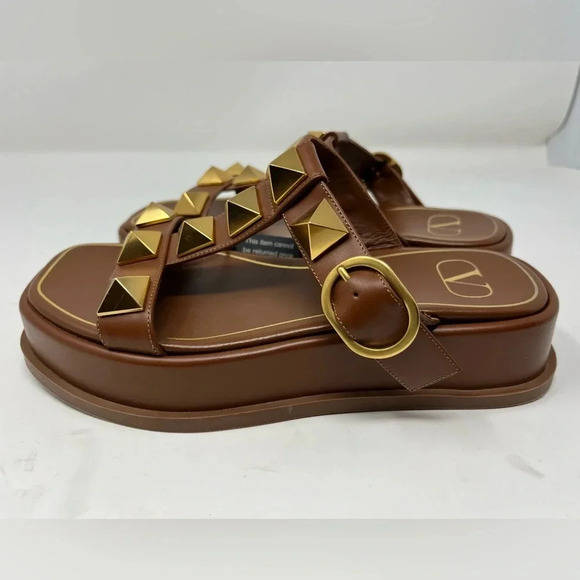 Valentino Garavani Brown Roman Stud Leather T-Strap Sandals Platform Size 36.5 - Picture 2 of 4
